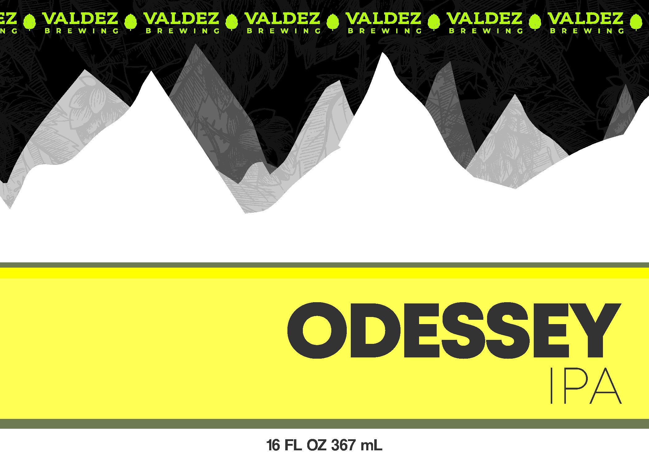 Valdez Brewing Odessey IPA — 16 oz can label concept with yellow-green acid colorway and mountain silhouette