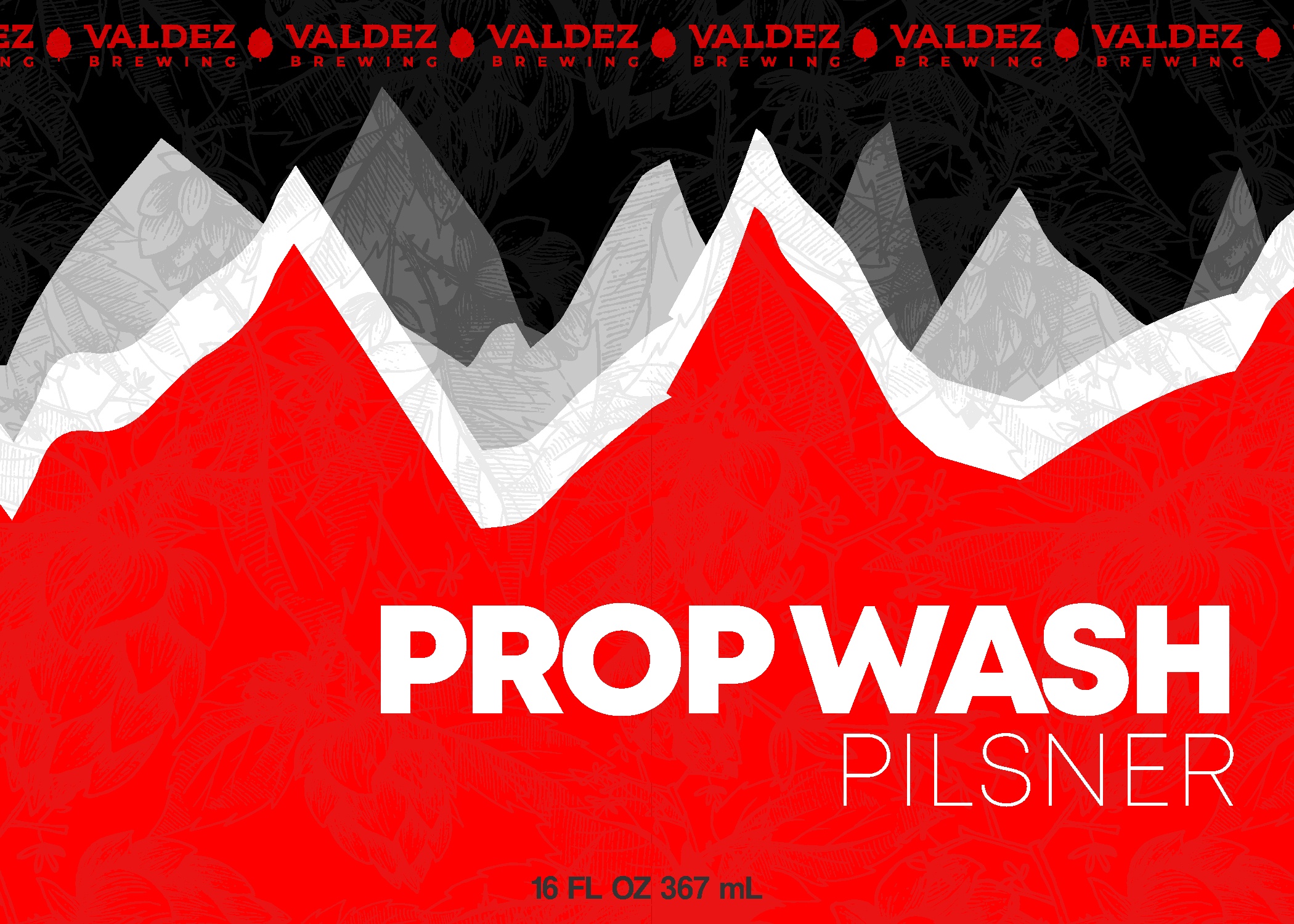Valdez Brewing Prop Wash Pilsner — 16 oz can label concept with bold red colorway and aggressive mountain silhouette