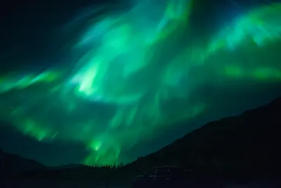 A dramatic close-up of swirling green aurora light filling the frame over a dark, silhouetted forest edge.