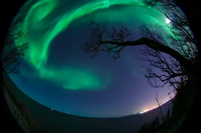 A circular fish-eye image showing green aurora curtains swirling over silhouetted trees and distant city lights.