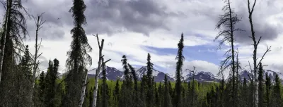 A wide panoramic view of Turnagain Arm from Hope, Alaska, showing the dark green mountains and dramatic, cloudy sky.