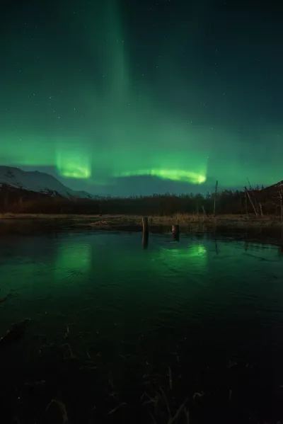 An ethereal green aurora band reflected in a perfectly still, partially frozen lake with wooden posts in the foreground.