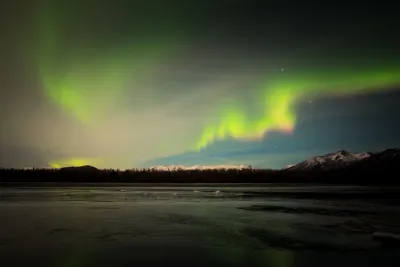 A stunning image of a vivid green aurora arc over a jagged, snow-capped mountain range, with dry brush and driftwood in the icy foreground.